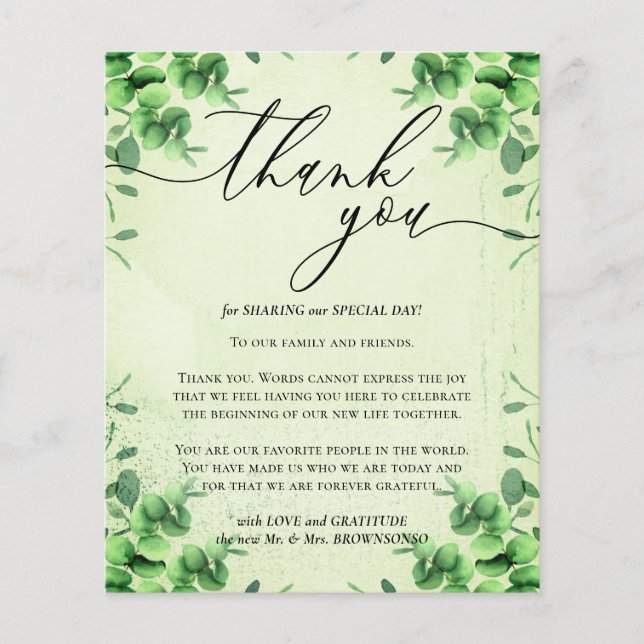 Flyer Caligrafía Eucalyptus Presupuesto amarillo Gracias (Frente)