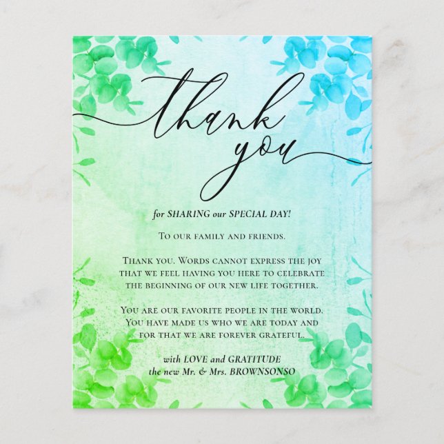 Flyer Caligrafía Eucalyptus presupuesto verde Gracias (Frente)