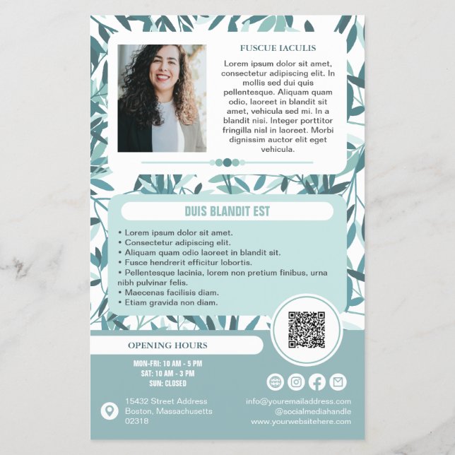 Flyer Calm Teal Leaves Wellness Promo Small Business (Atrás)