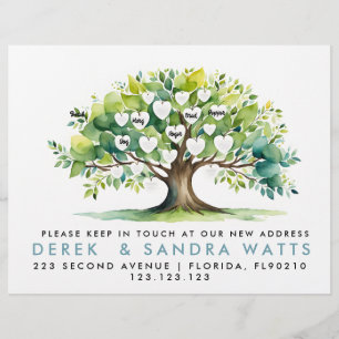 Flyer cambio de dirección, árbol de familia de invitacio