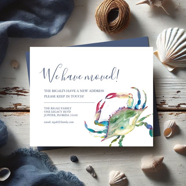 Flyer Cambio presupuestario de dirección Cangrejo acuare (Printed moving announcements watercolor blue crab art by Victoria Grigaliunas of Do Tell A Belle)
