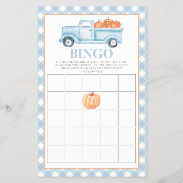 Flyer Camión azul de calabaza Baby Shower Bingo (Frente)