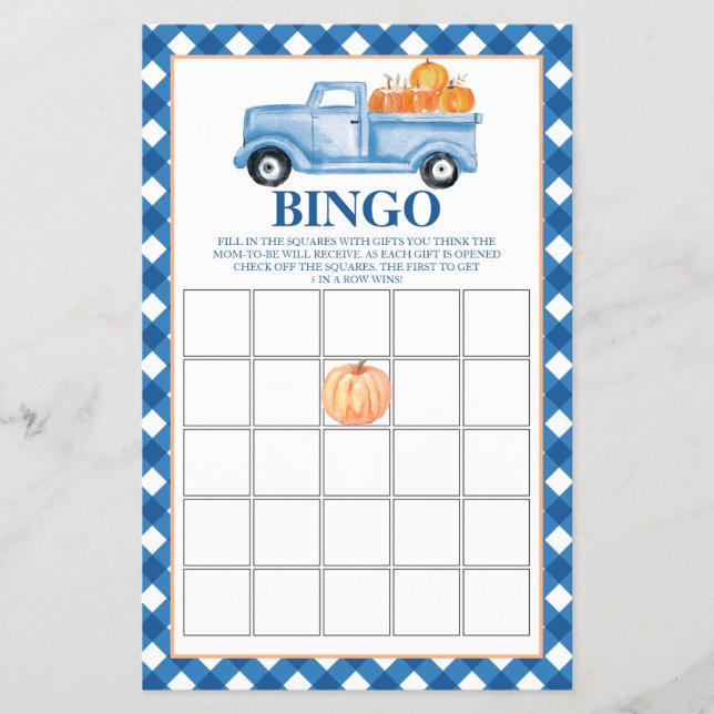 Flyer Camión azul de calabaza Baby Shower Bingo (Frente)