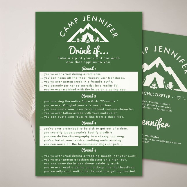 Flyer Camp Bachelorette Partida Bebe Si El Bosque Verde (camp bachelorette party forest green game drink if)