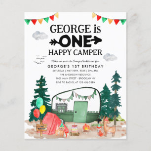 Flyer Camping Barato ONE Happy Camper Woods 1º cumpleaño