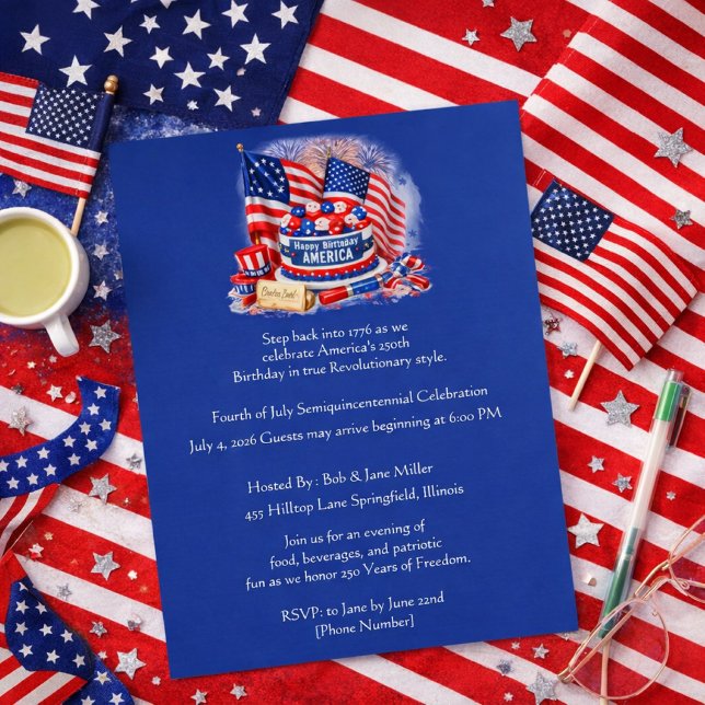 Flyer Celebración del Semicucentenario del 4 de Julio (Celebrate 250 Years of Freedom with food, fireworks, and Revolutionary fun this Fourth of July!)