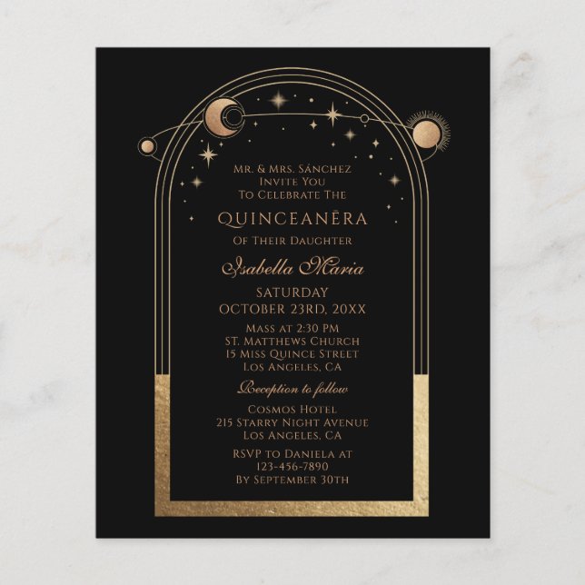 Flyer Celestial Black Gold Sun Moon Stars Quinceañera (Frente)