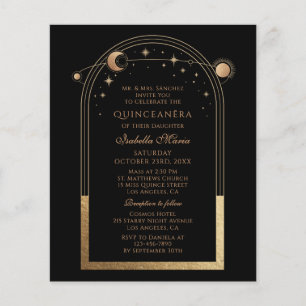 Flyer Celestial Black Gold Sun Moon Stars Quinceañera