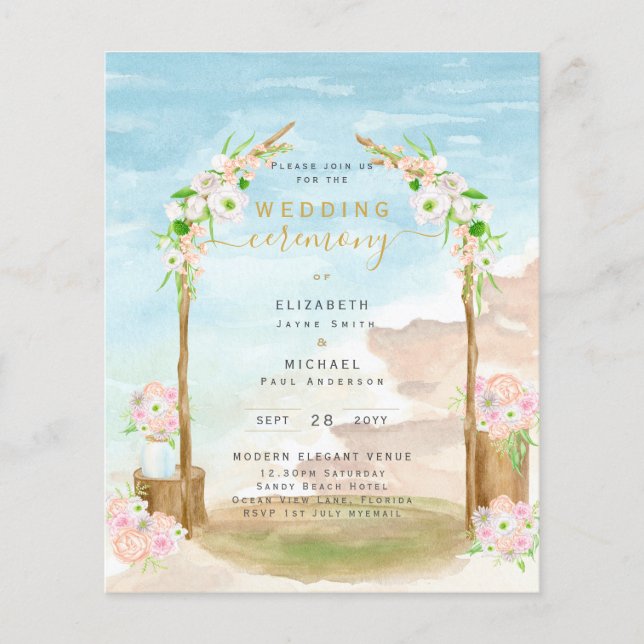 Flyer Ceremonia de Boda costero de BUDGET Beach Invitan  (Frente)