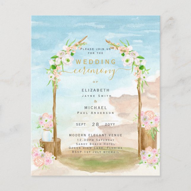 Flyer Ceremonia de Boda costero de BUDGET Beach Invitan  (Frente)
