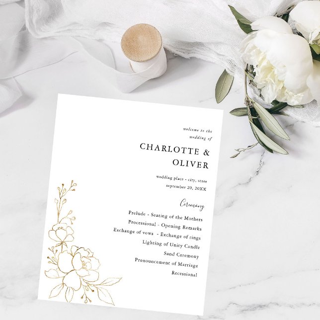 Flyer Ceremonia de Boda floral con línea dorada (Subido por el creador)