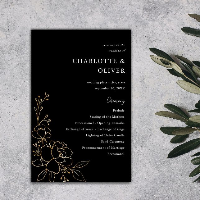 Flyer Ceremonia de Boda floral con línea dorada ME Black (Subido por el creador)