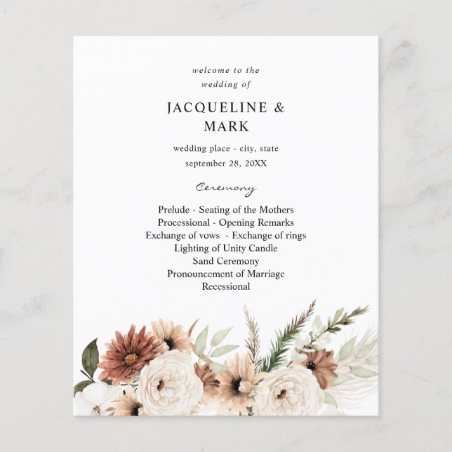 Flyer Ceremonia del Boda floral de Boho Neutral y Rústic (Frente)