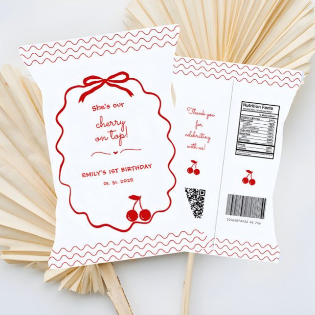 Flyer Cerezo desprendido a mano en la bolsa de la parte  (Hand drawn Cherry on Top Party Favor Chip bag loot bag)