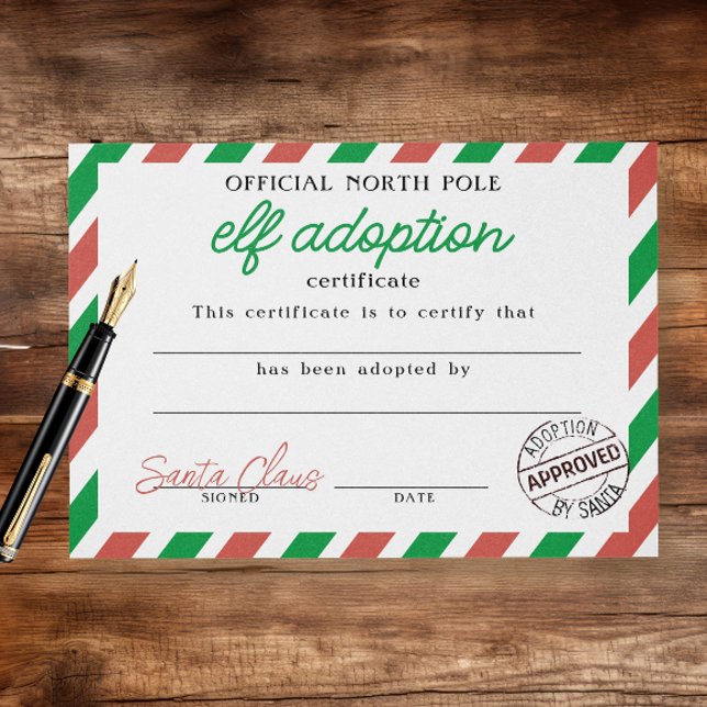 Flyer Certificado de adopción de Elf firmado por Santa C (Elf Adoption Certificate Signed by Santa Claus official North Pole legal document by Ricaso. )