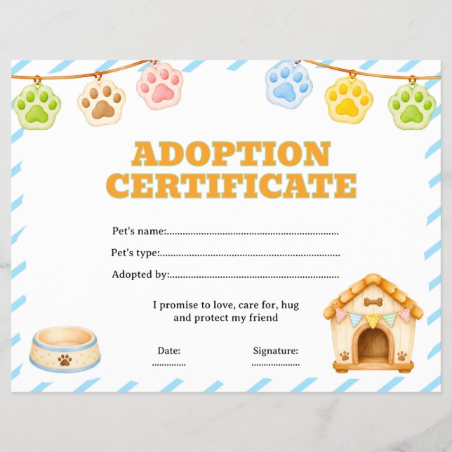 Flyer Certificado de adopción de mascota editable (Frente)
