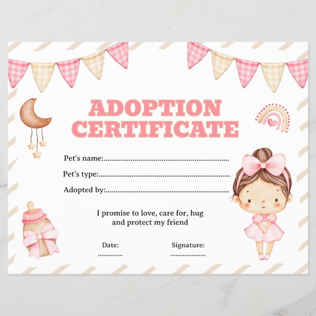 Flyer certificado de adopción de muñeca editable (Frente)