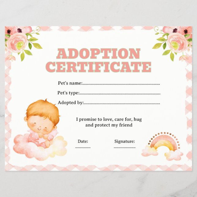 Flyer certificado de adopción de muñeca floral editable (Frente)