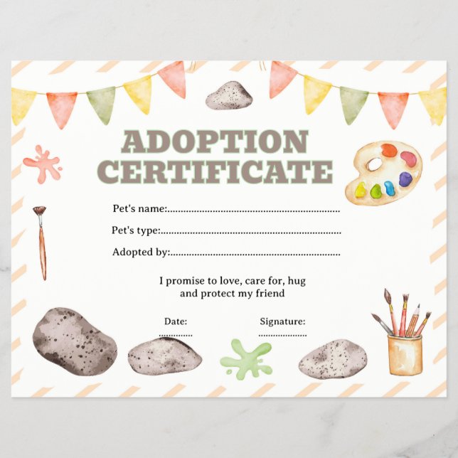 Flyer certificado de adopción de rocas mascota editable (Frente)