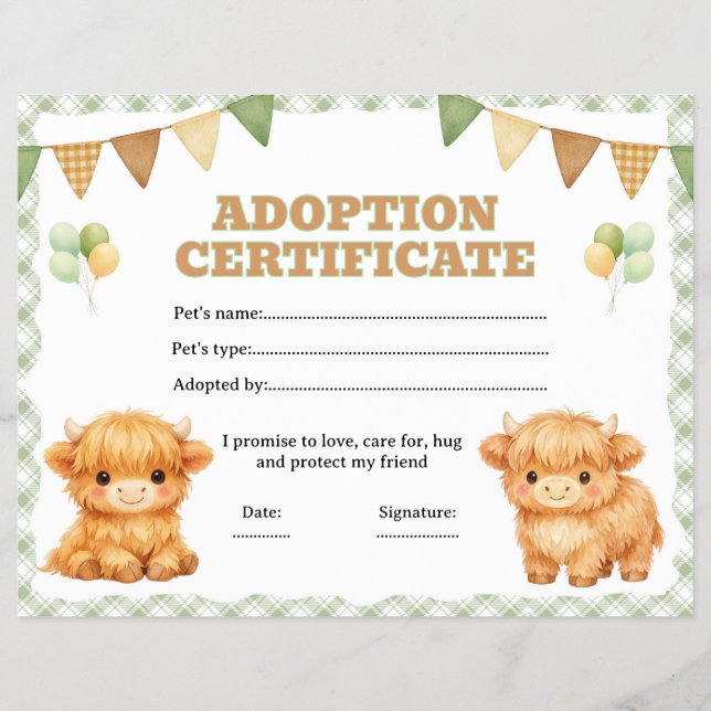 Flyer certificado de adopción de vaca highland editable (Frente)