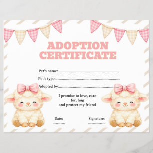 Flyer Certificado editable de adopción de oveja de peluc