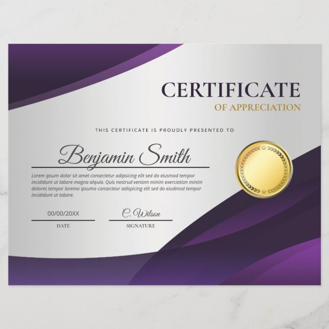 Flyer Certificado Morado de Reconocimiento Premio (Frente)