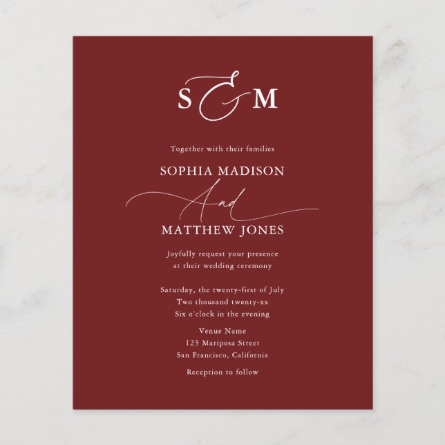 Flyer Cheap Elegant Monogram Wedding QR Code Burgundy (Frente)