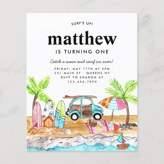 Flyer Cheap Surf's Up Board Beach Wave Surfing Cumpleaño (Frente)