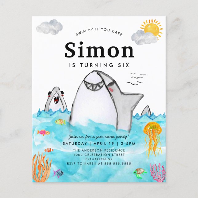 Flyer Cheap Under the Sea Swimming Shark Ocean Birthday (Frente)