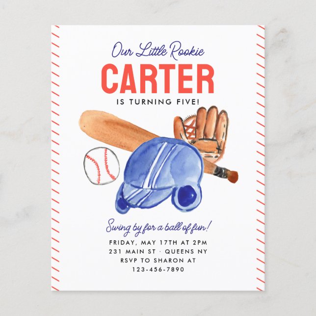 Flyer Chequear nuestro pequeño cumpleaños de béisbol Roo (Frente)