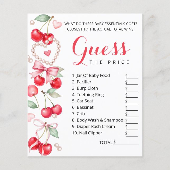 Flyer Cherry Baby Shower adivina el juego del precio (Frente)