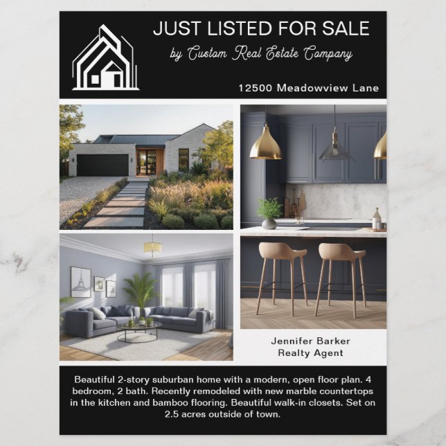 Flyer Chic Black Real Estate Home Listing 2 Sided Modern (Frente)