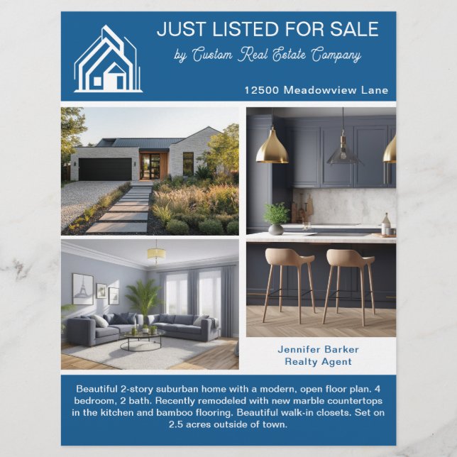 Flyer Chic Blue Real Estate Home Listing 2 Sided (Frente)