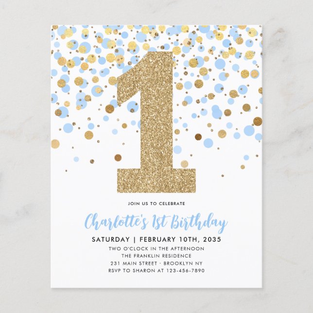 Flyer Chica de Confetti de oro azul barato primer cumple (Frente)