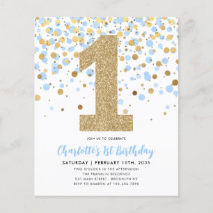Flyer Chica de Confetti de oro azul barato primer cumple