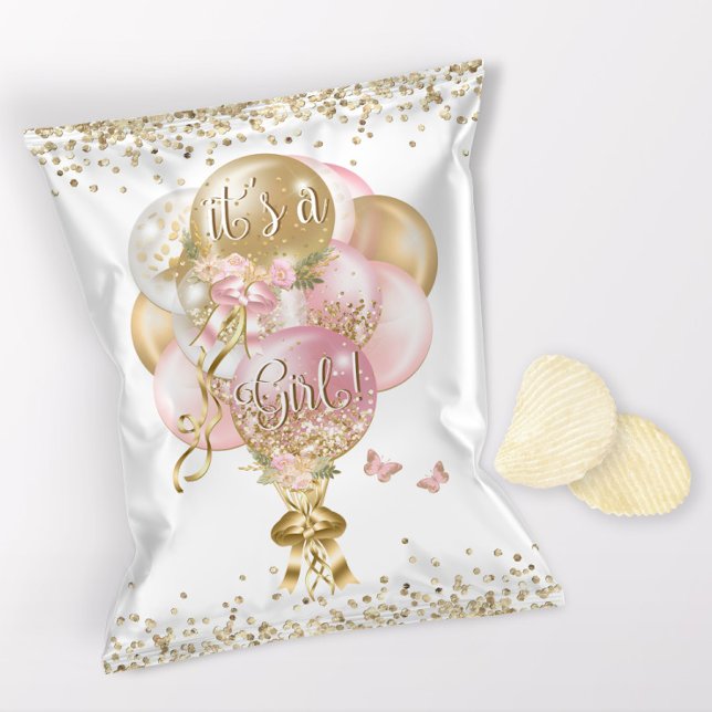 Flyer Chica de globo rosa Baby Shower Chip Bag Wraps (1 ounce snack bag wrapper flyer. )
