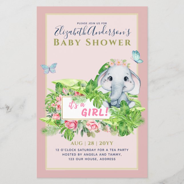 Flyer Chica Elephant Baby Shower Gender Revall invita (Frente)