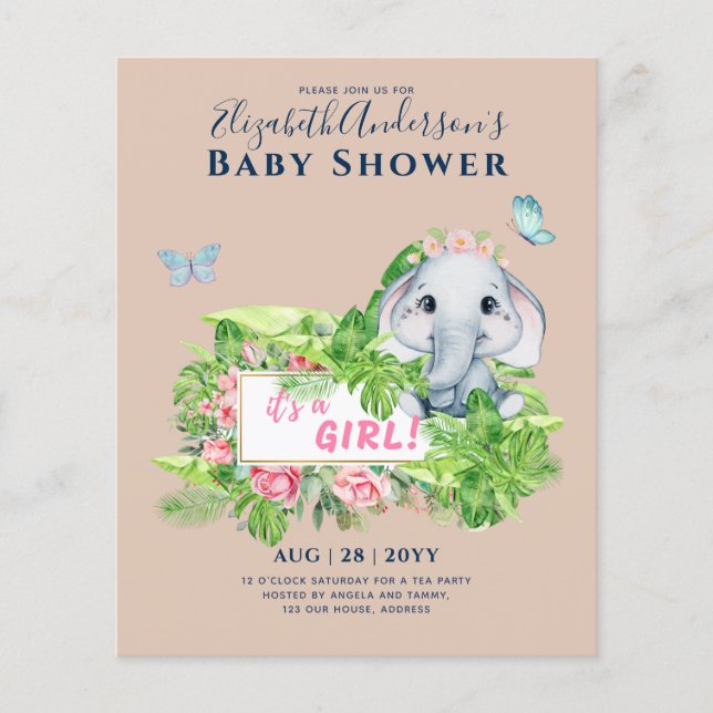 Flyer Chica Elephant Baby Shower Gender Revall invita (Frente)