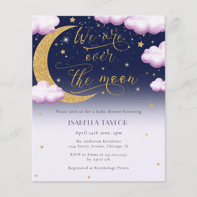 Flyer Chica rosado sobre la luna Baby Shower (Frente)
