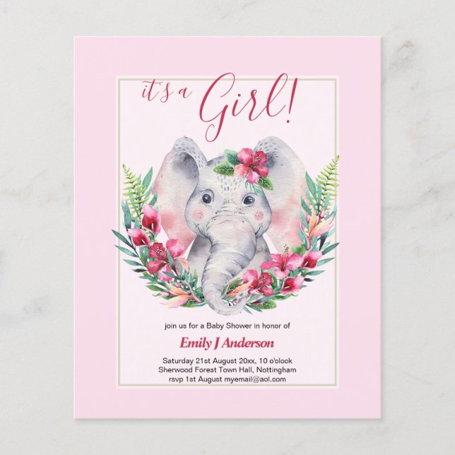 Flyer CHICAS Flores elefantes Baby Shower REVELACIÓN DE  (Frente)