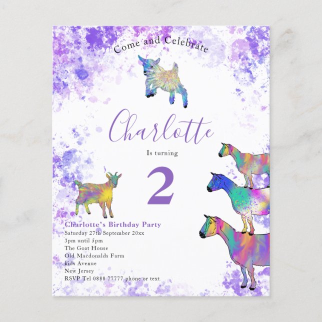 Flyer Chicas Goat Birthday Party Purple Budget (Frente)
