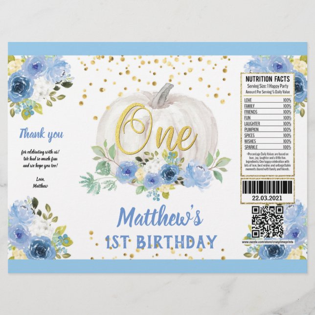 Flyer Chico de calabaza 1er cumpleaños Azul chapa envolv (Frente)