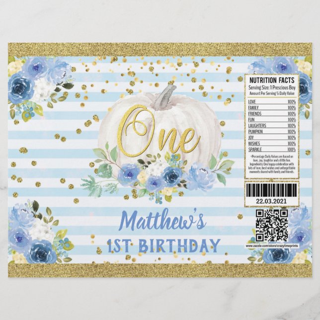 Flyer Chico de calabaza 1er cumpleaños Azul chapa envolv (Frente)