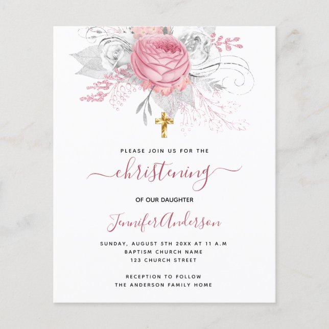 Flyer Christening pink florals chica invitación presupue (Frente)