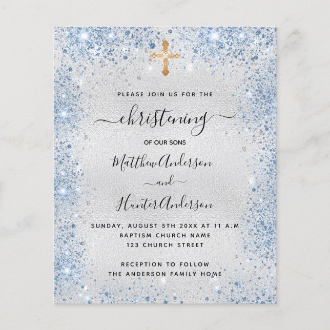 Flyer Christening silver blue twyboy Invitación presupue (Frente)
