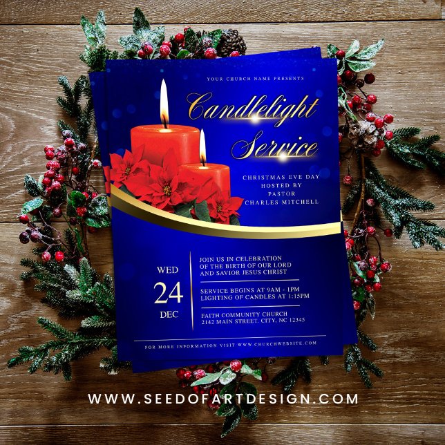 Flyer Christmas Candlelight Poinsettia Blue Church (Subido por el creador)