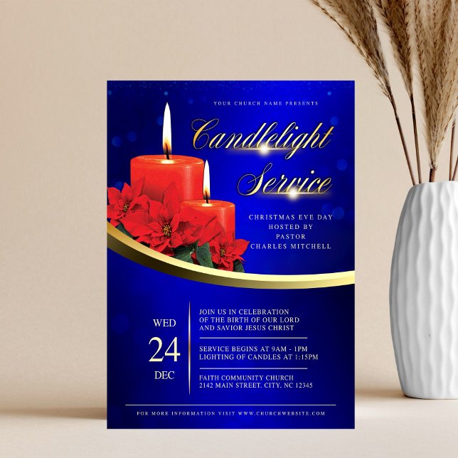 Flyer Christmas Candlelight Poinsettia Blue Church (Subido por el creador)