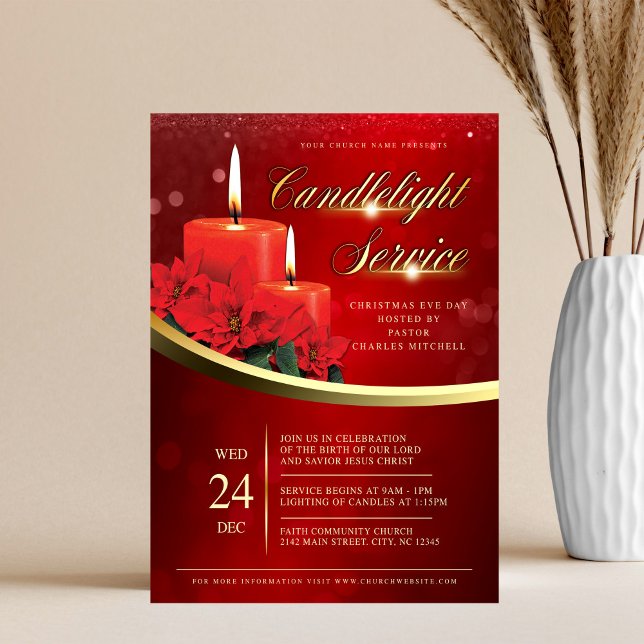 Flyer Christmas Candlelight Poinsettia Red Church (Subido por el creador)