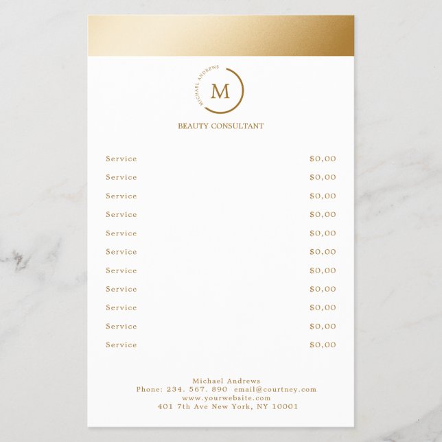 Flyer Círculo monogramo de franja dorada blanca (Frente)
