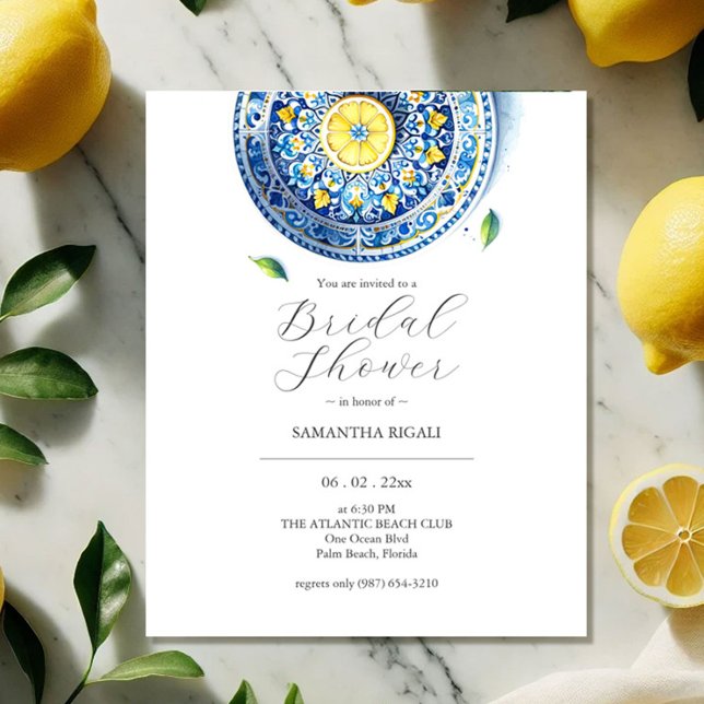 Flyer Citrus de invitaciones a ducha de novia asequible (Budget bridal shower invitations watercolor yellow lemons green leaves blue tile plate)
